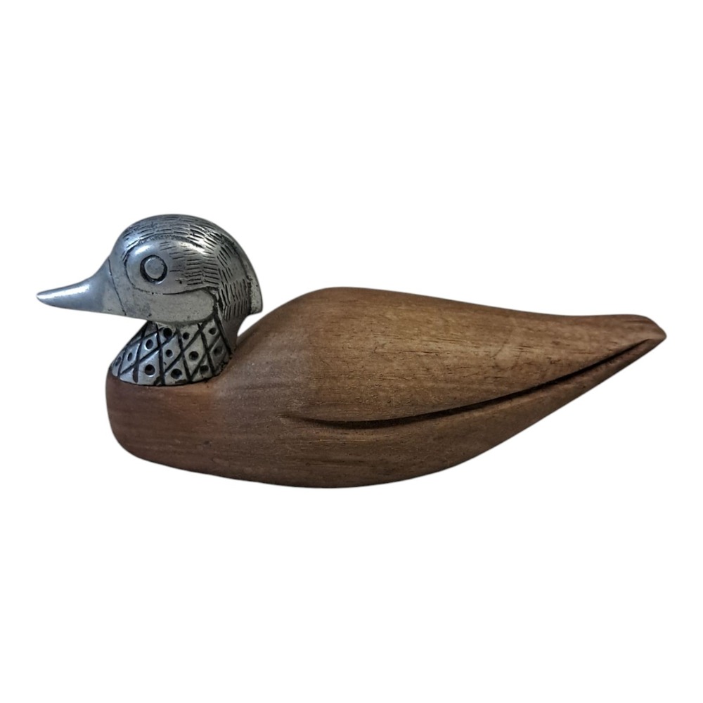 Vintage Wooden Duck with Silver Stainless Steel Tone Metal Head MCM 6" Boho EUC